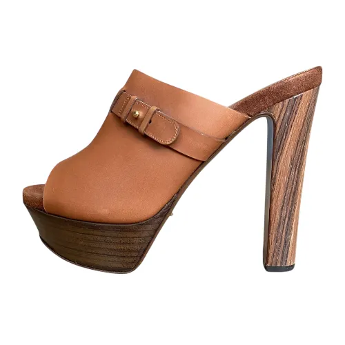 SERGIO ROSSI Brown Leather Open Toe Mules Slide Sandals, Size 38.5