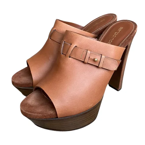 SERGIO ROSSI Brown Leather Open Toe Mules Slide Sandals, Size 38.5