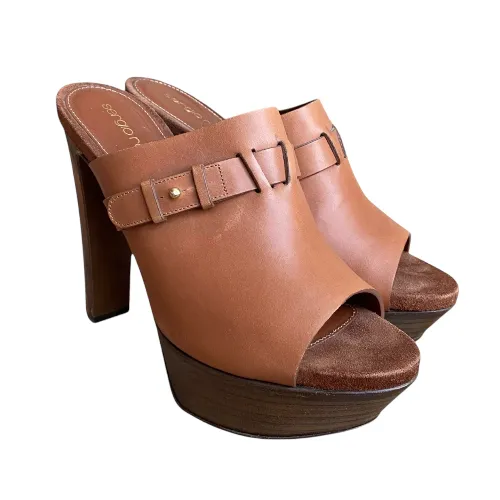 SERGIO ROSSI Brown Leather Open Toe Mules Slide Sandals, Size 38.5