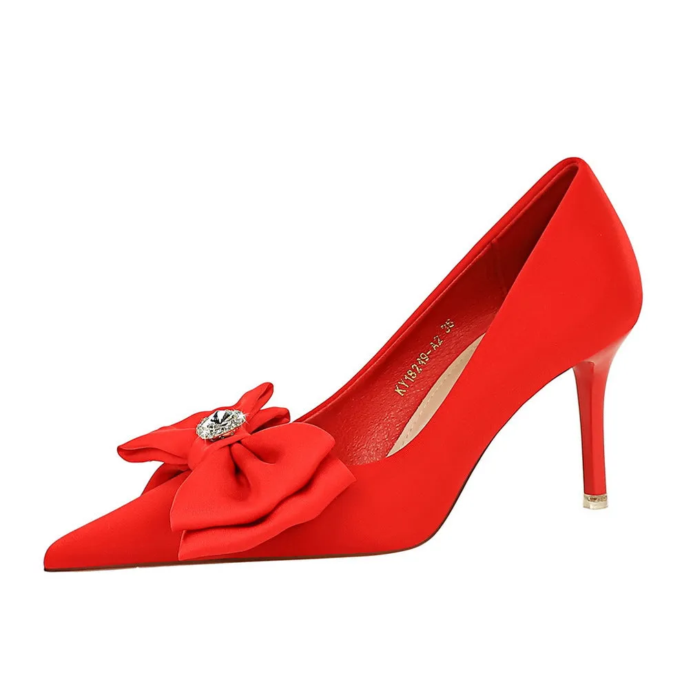 Shallow mouthed pointed satin bow high heels