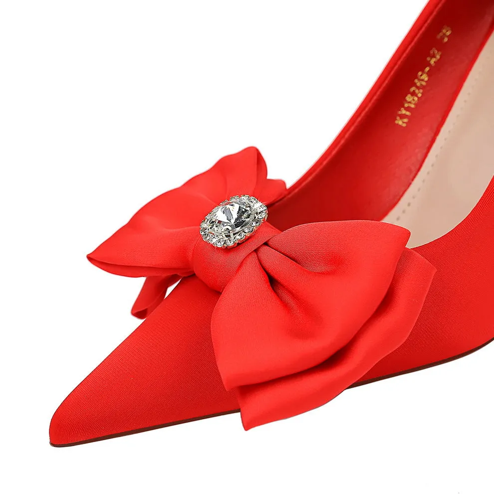 Shallow mouthed pointed satin bow high heels