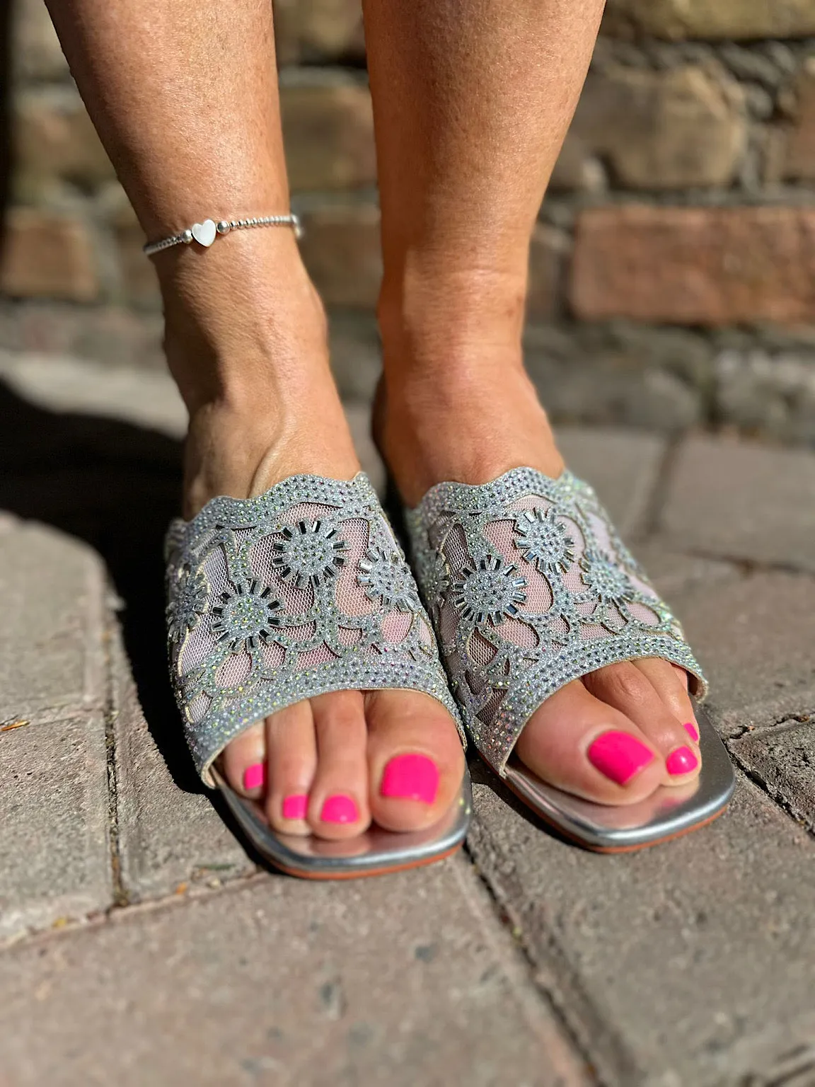 Silver Embellished Mesh Block Heel Mules