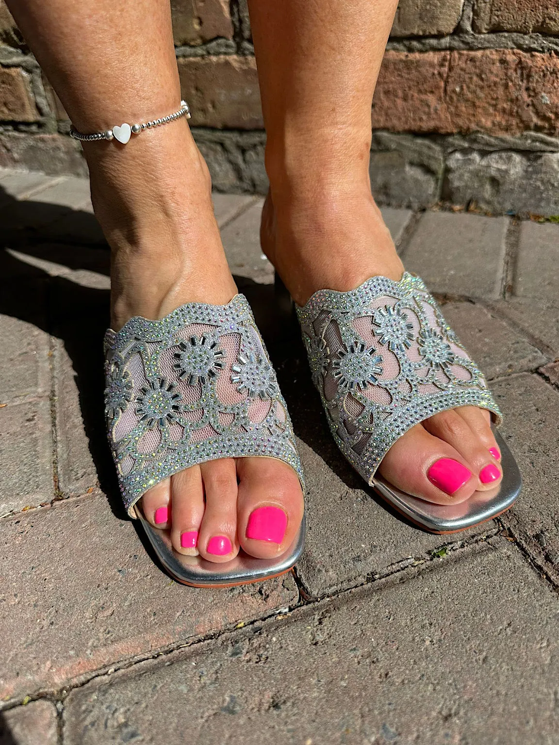 Silver Embellished Mesh Block Heel Mules