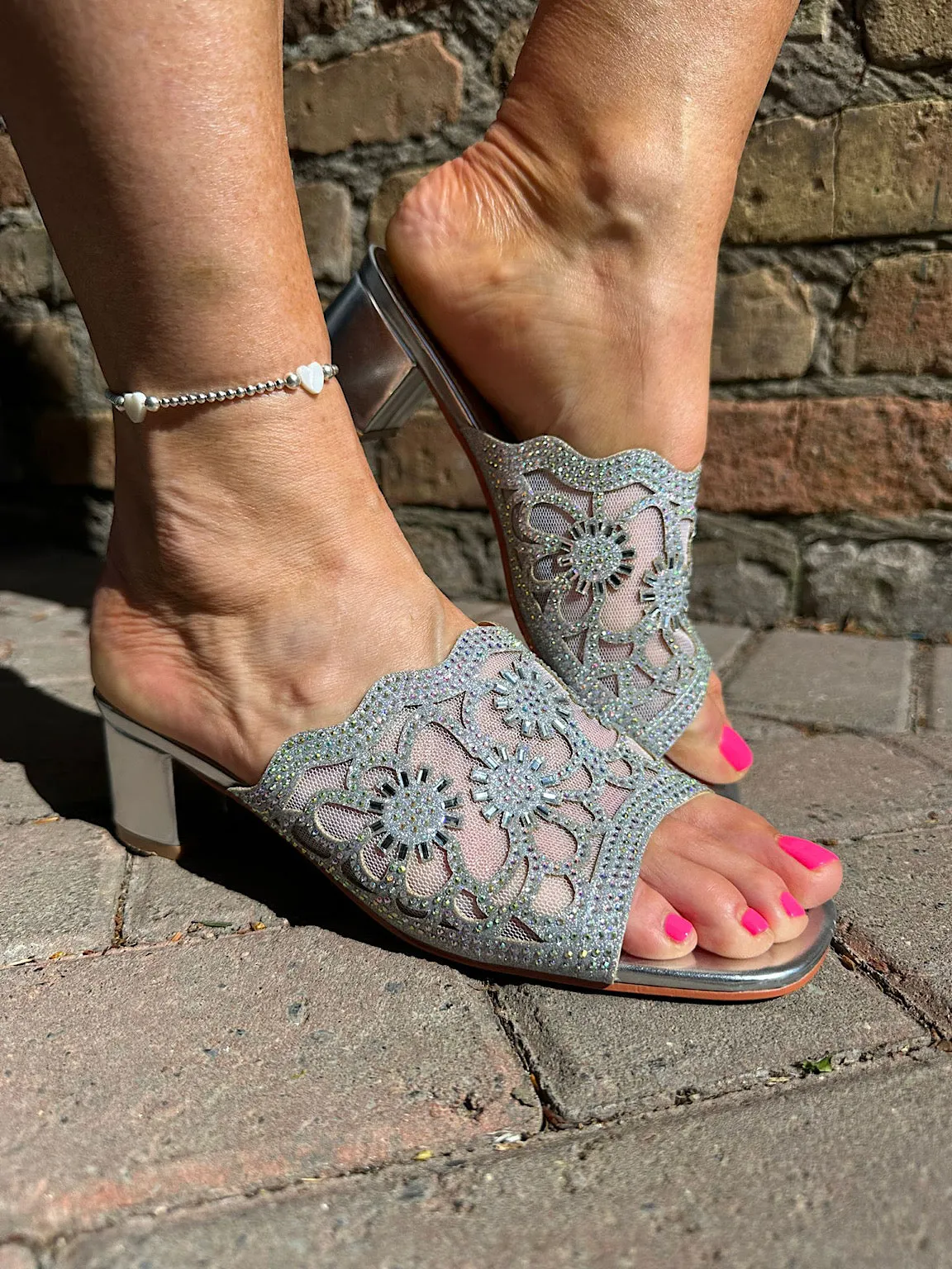 Silver Embellished Mesh Block Heel Mules