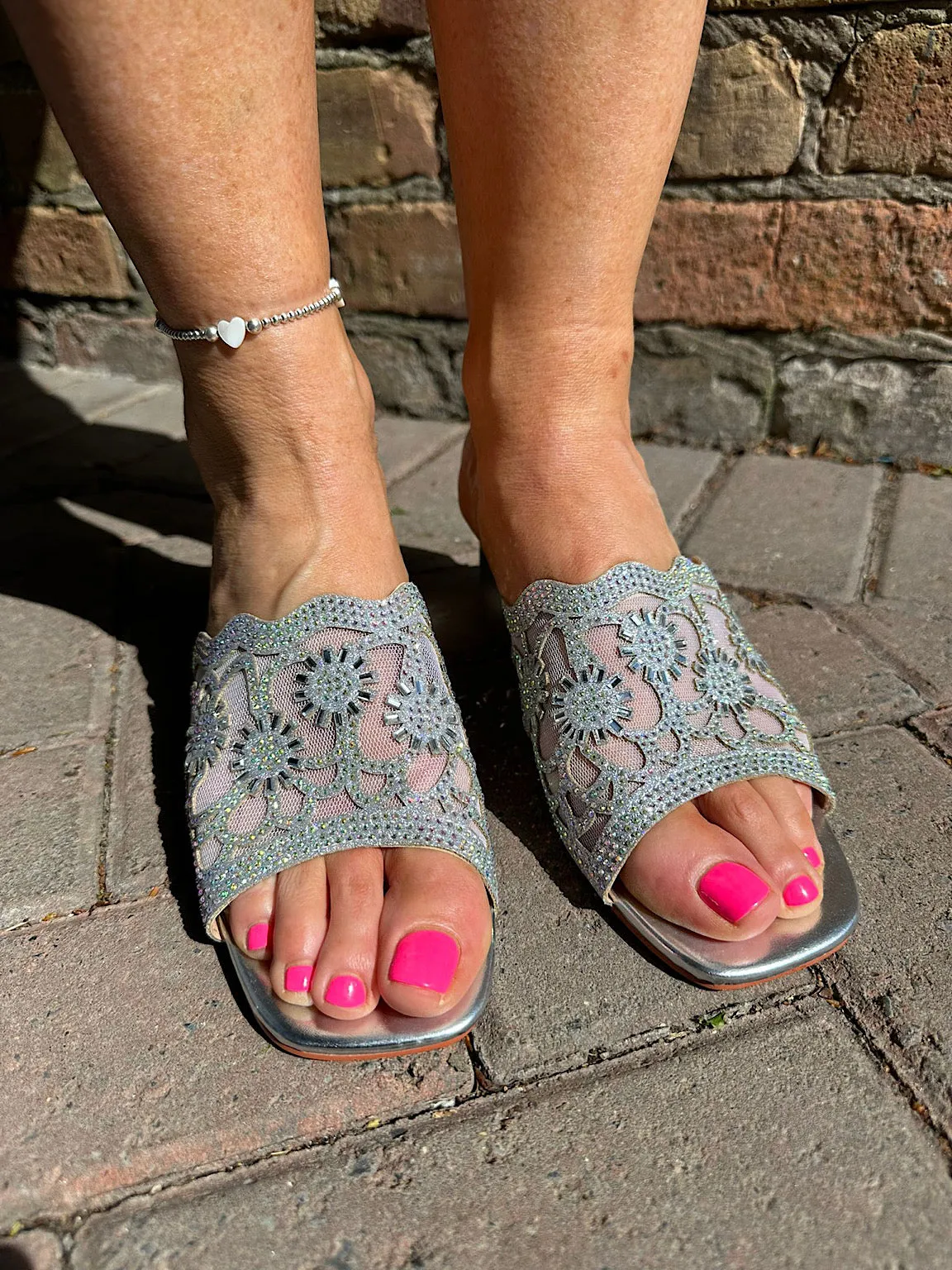 Silver Embellished Mesh Block Heel Mules