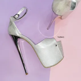 Silver Satin Thin High Heel Platforms