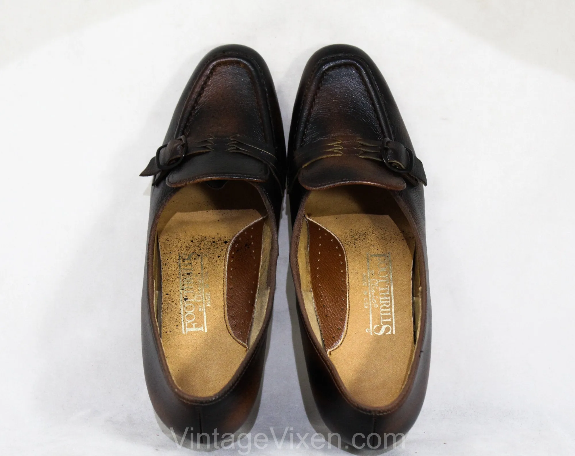 Size 7 Leather Loafers - Unworn Dark Brown Black 60s Shoes - 1960s Mod Casual Buckled Loafer - Antique Style - 7C Wide Width 60s Deadstock