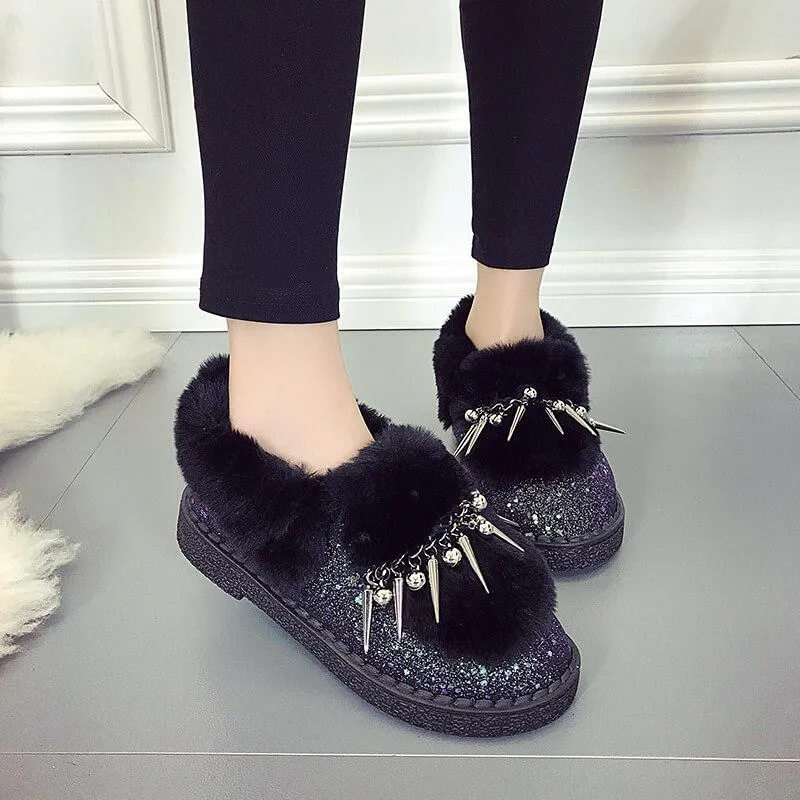 Snow Glitter Fur Low Heel Rivet Boots