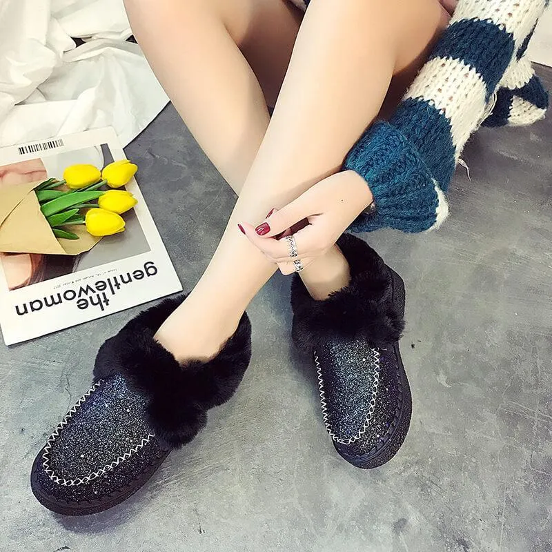 Snow Glitter Fur Low Heel Rivet Boots