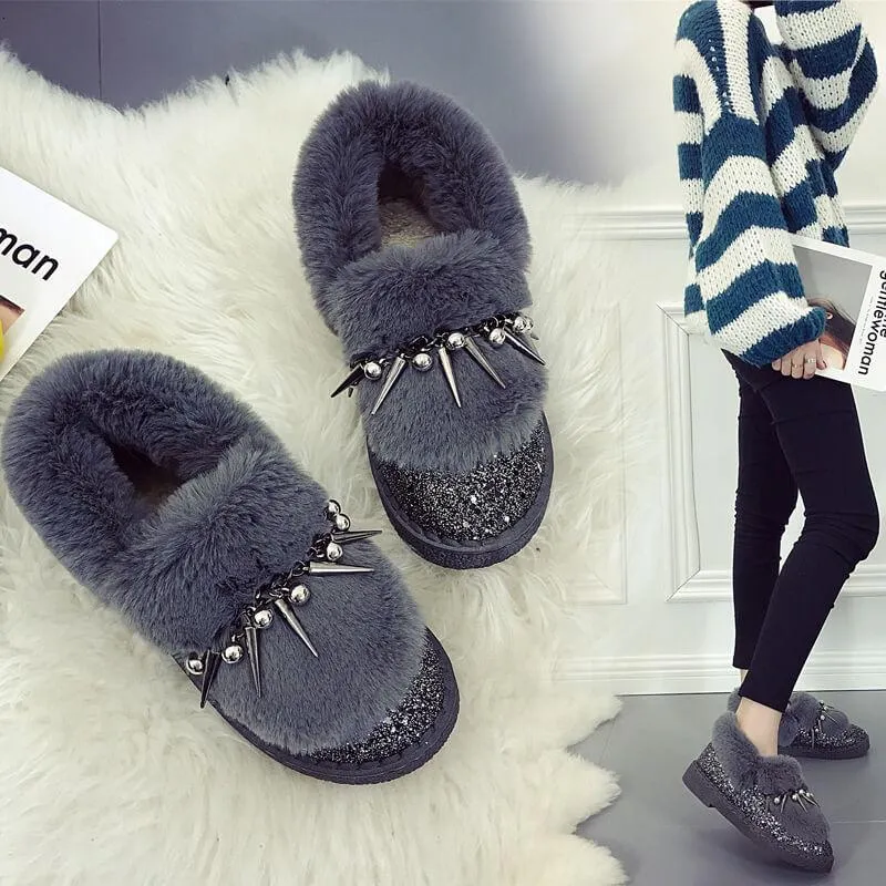 Snow Glitter Fur Low Heel Rivet Boots