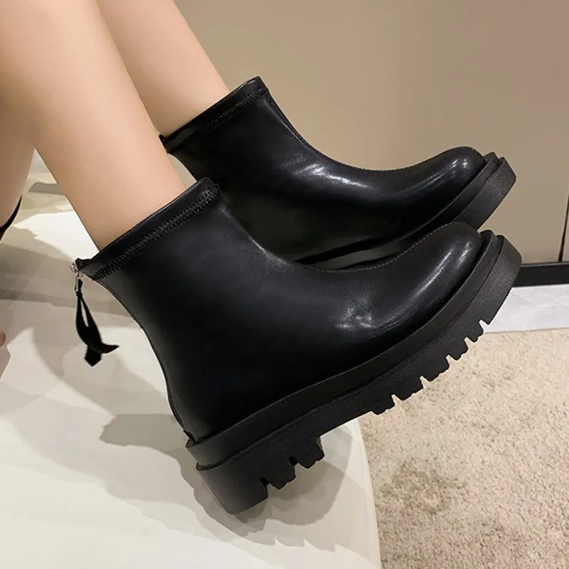 Soft Leather Platform Ankle Boots with Back Zipper