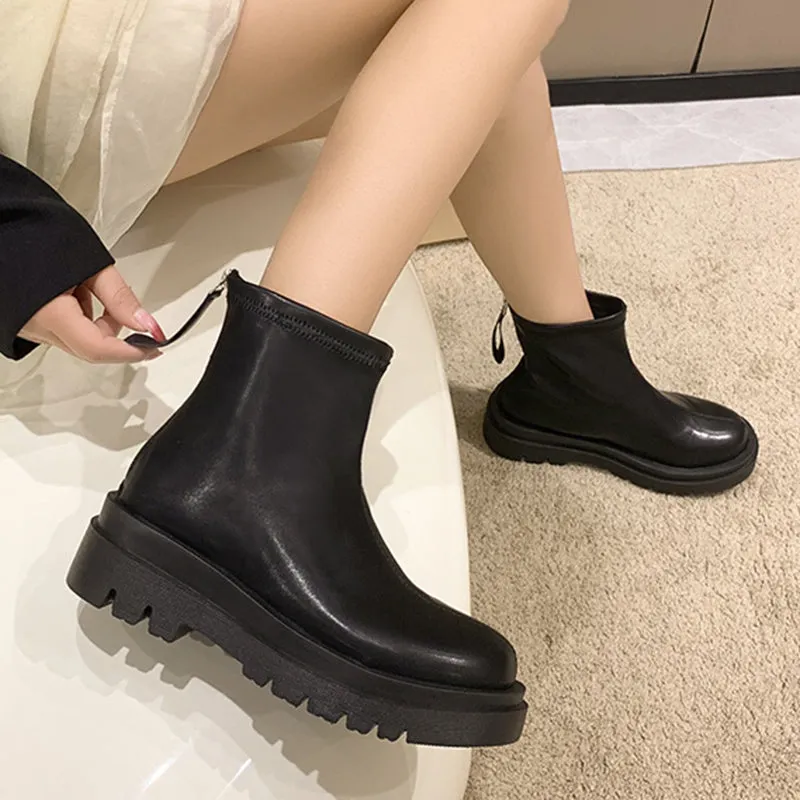 Soft Leather Platform Ankle Boots with Back Zipper