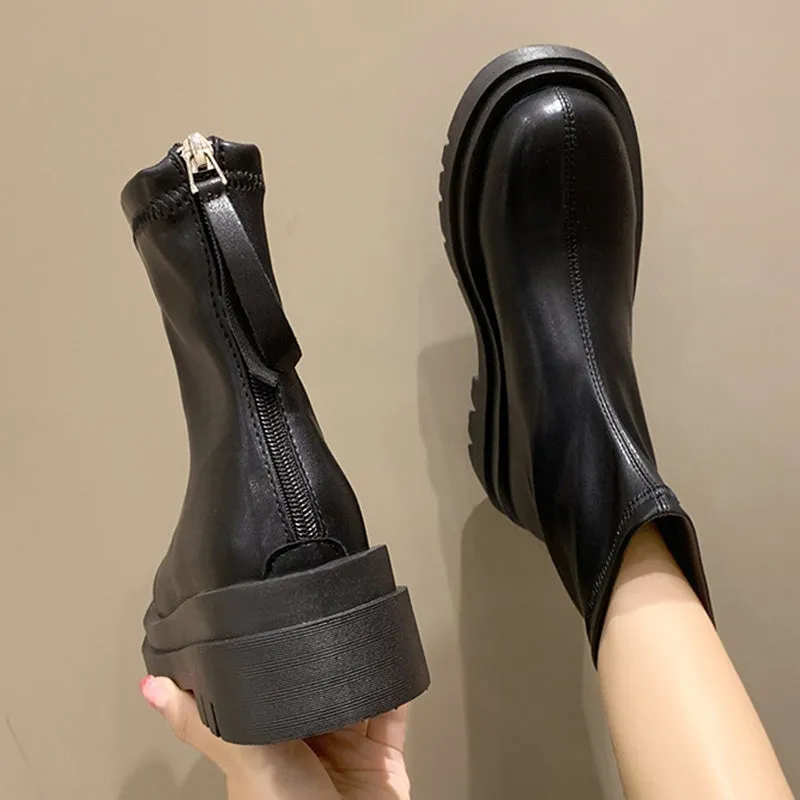 Soft Leather Platform Ankle Boots with Back Zipper
