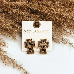 Staying Neutral Cross Studs in Leopard Print with Bronze Beaded Outline