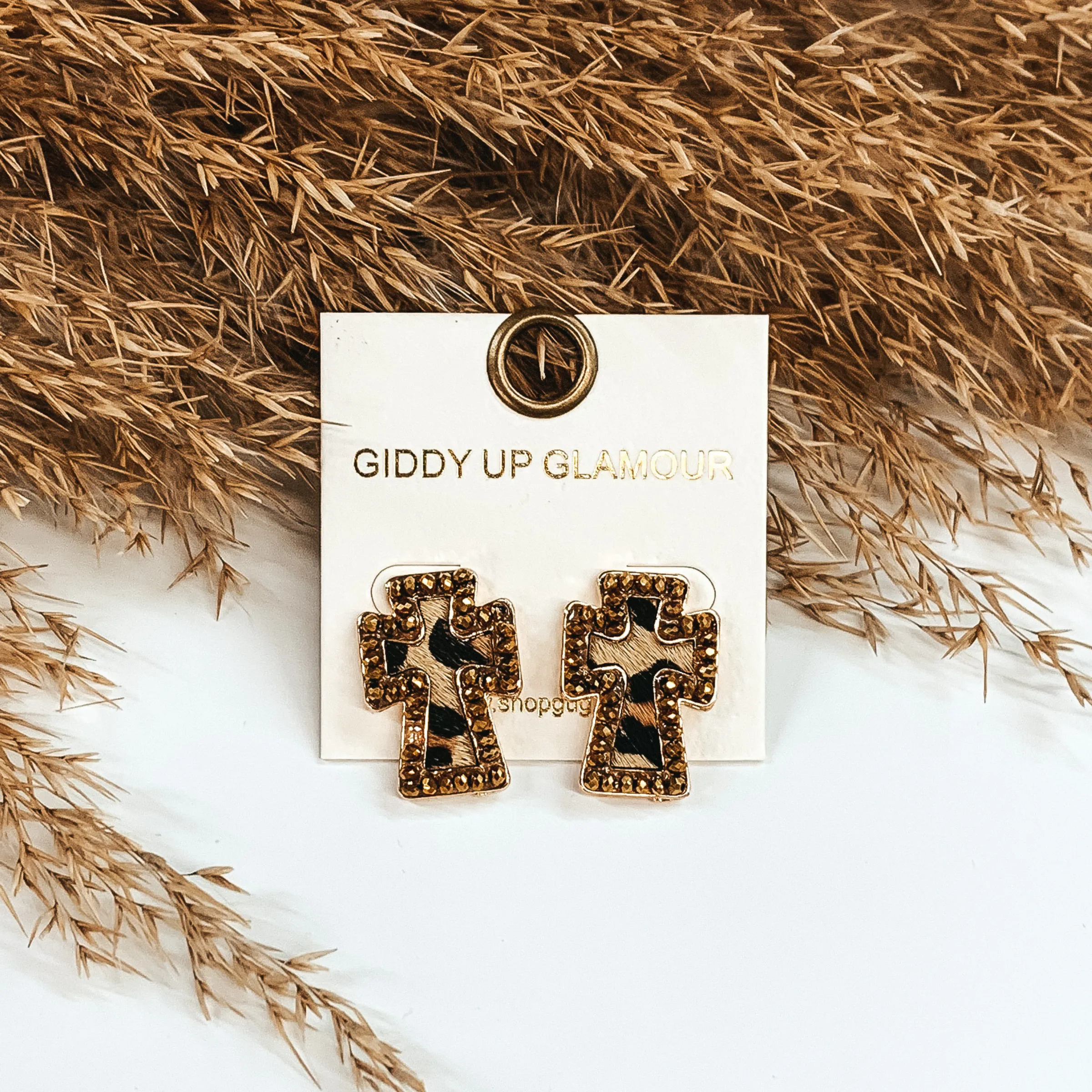 Staying Neutral Cross Studs in Leopard Print with Bronze Beaded Outline