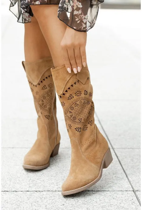 Suede Calf Boots with Short Block Heel