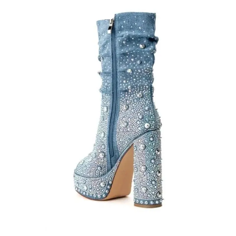 Super Star Denim Square Heel Peep Toe Pumps