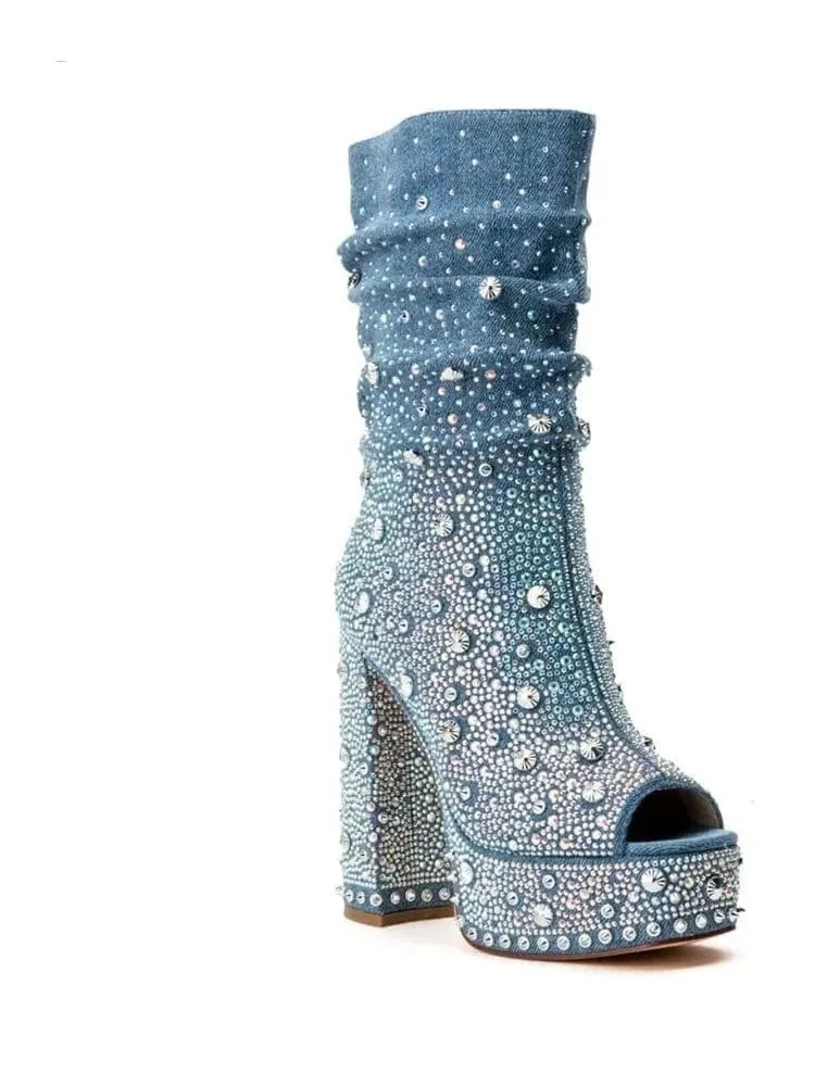 Super Star Denim Square Heel Peep Toe Pumps