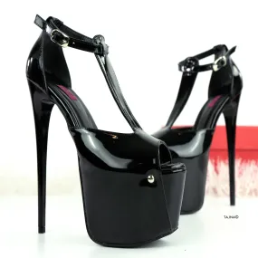 T- Strap Black Gloss High Heels