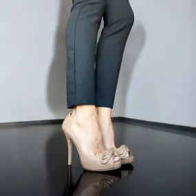 VALENTINO GARAVANI Taupe Leather Bow Detail Peep Toe Platform Pumps, Size 39