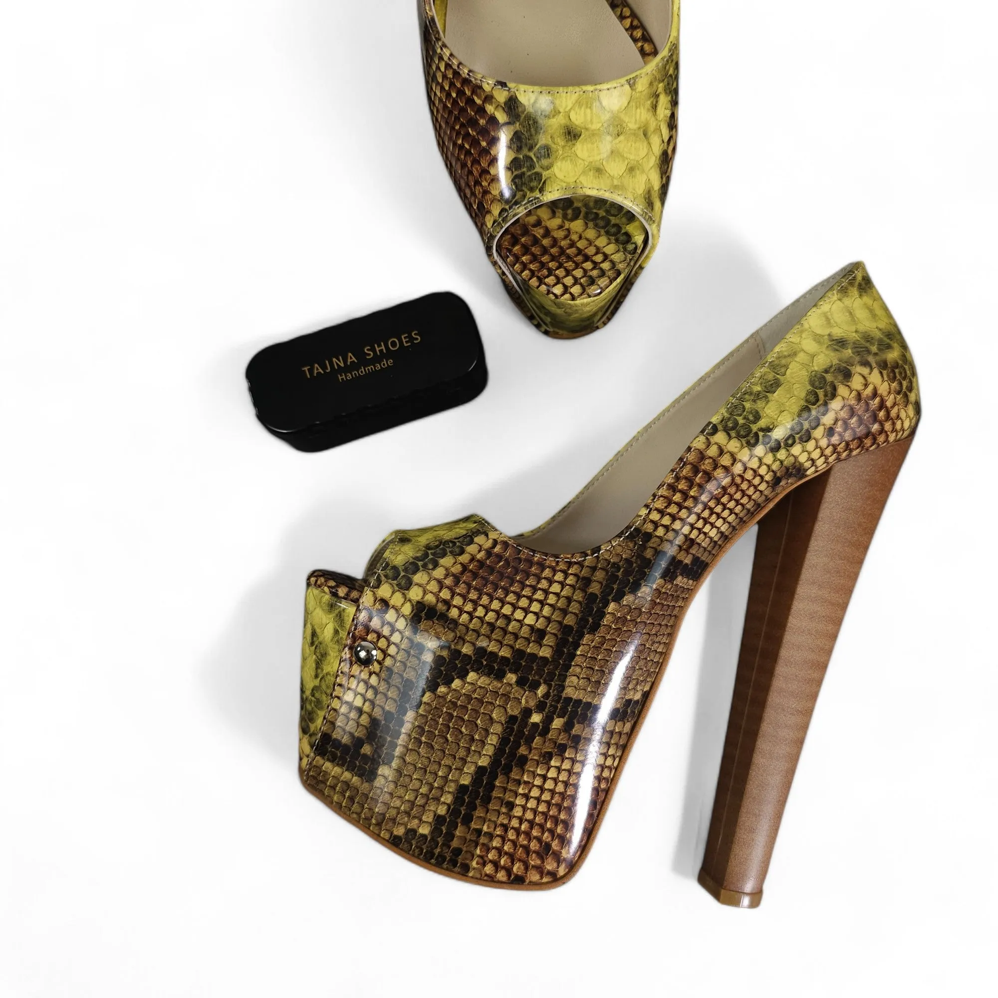 Vegan Mustard Snake Print High Heel Pumps Peep Toe