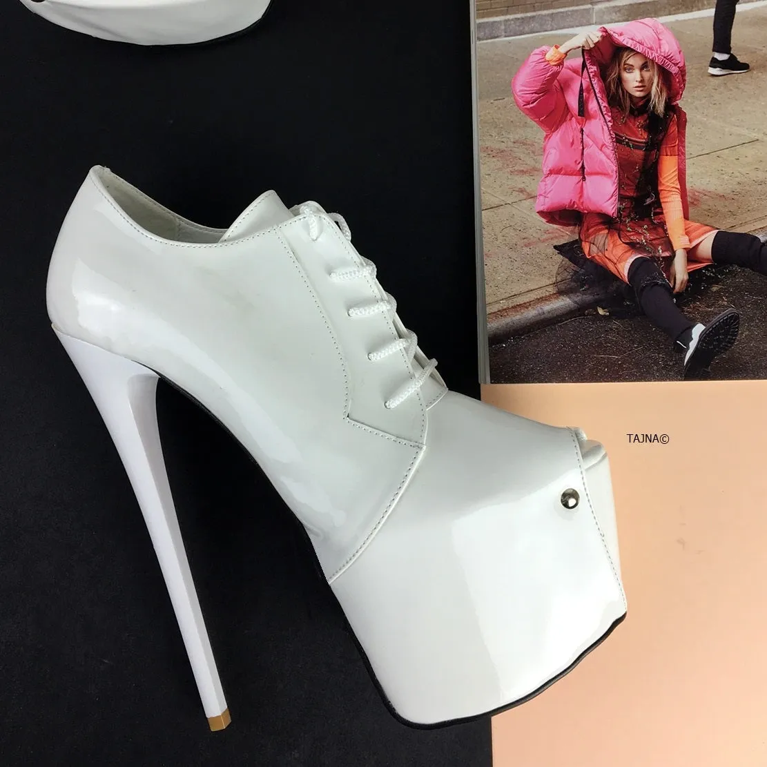 White Glossy Open Toe Ankle Heels