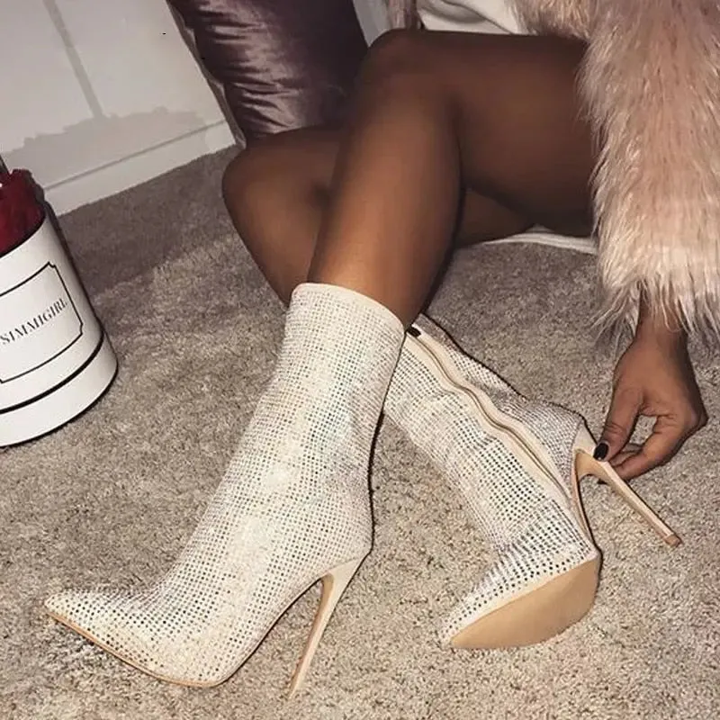 Women  Ankle Boots Plus Size 35-42 Rhinestones High Heels Shoes Woman Zip Pointed Toe Sexy Motorcycle Boots For Females