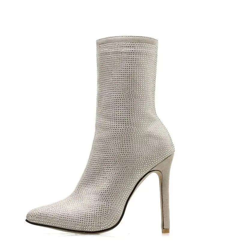 Women  Ankle Boots Plus Size 35-42 Rhinestones High Heels Shoes Woman Zip Pointed Toe Sexy Motorcycle Boots For Females
