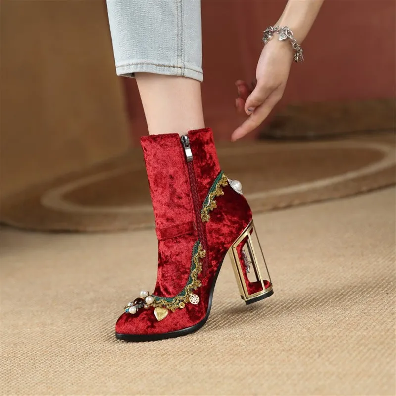 Women Handmade Pointed Toe Strange Heels Thick Heel Short Boots Solid Shoes
