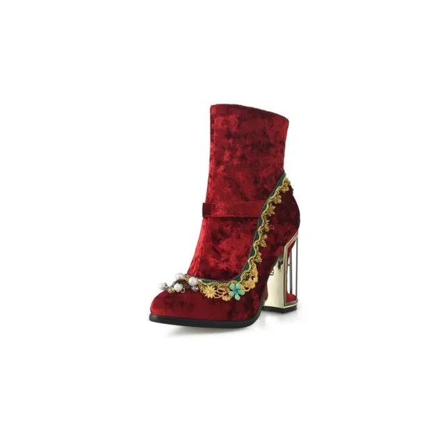 Women Handmade Pointed Toe Strange Heels Thick Heel Short Boots Solid Shoes