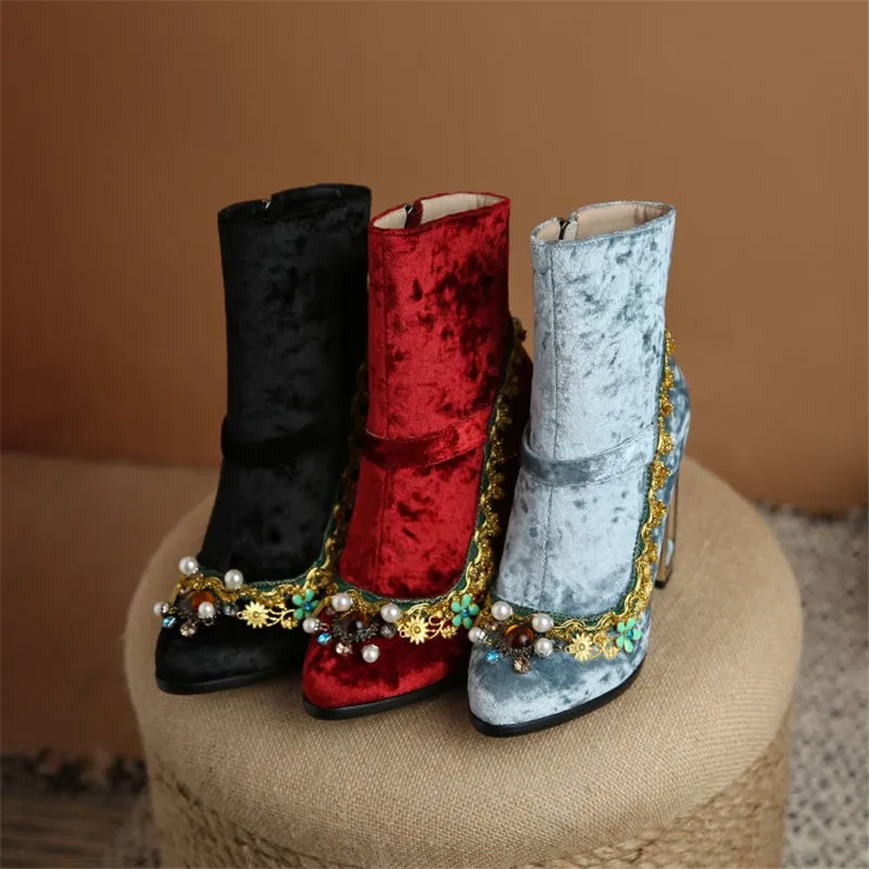 Women Handmade Pointed Toe Strange Heels Thick Heel Short Boots Solid Shoes
