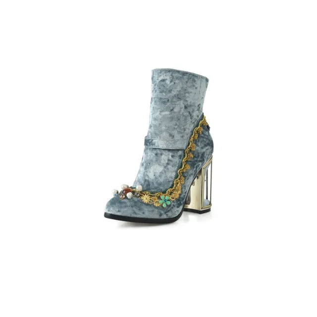 Women Handmade Pointed Toe Strange Heels Thick Heel Short Boots Solid Shoes