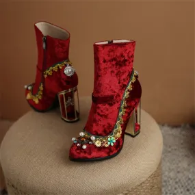Women Handmade Pointed Toe Strange Heels Thick Heel Short Boots Solid Shoes