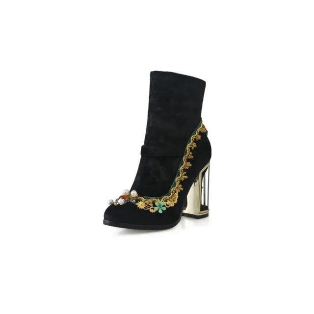 Women Handmade Pointed Toe Strange Heels Thick Heel Short Boots Solid Shoes