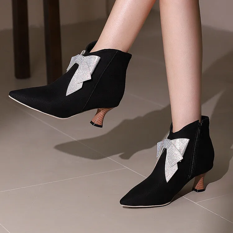 Women's Bowtie Pointed Toe Hoof Heel Ankle Boots