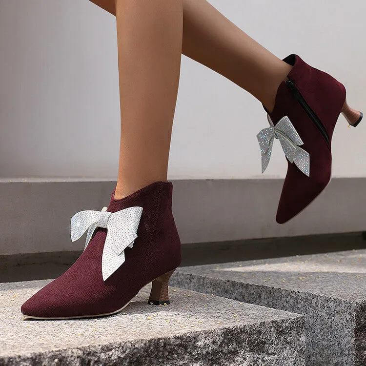 Women's Bowtie Pointed Toe Hoof Heel Ankle Boots