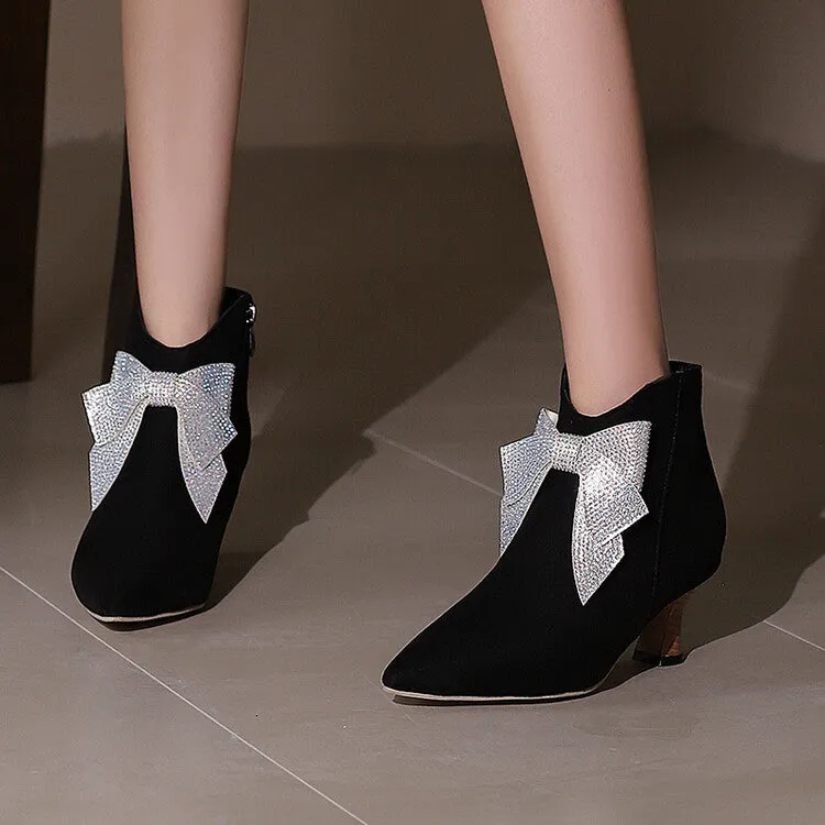 Women's Bowtie Pointed Toe Hoof Heel Ankle Boots