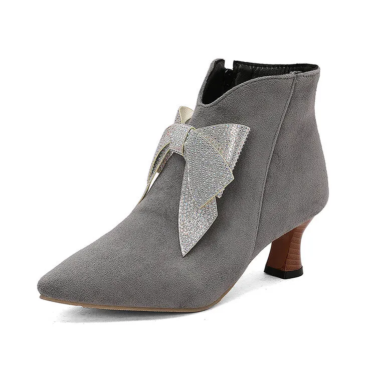 Women's Bowtie Pointed Toe Hoof Heel Ankle Boots