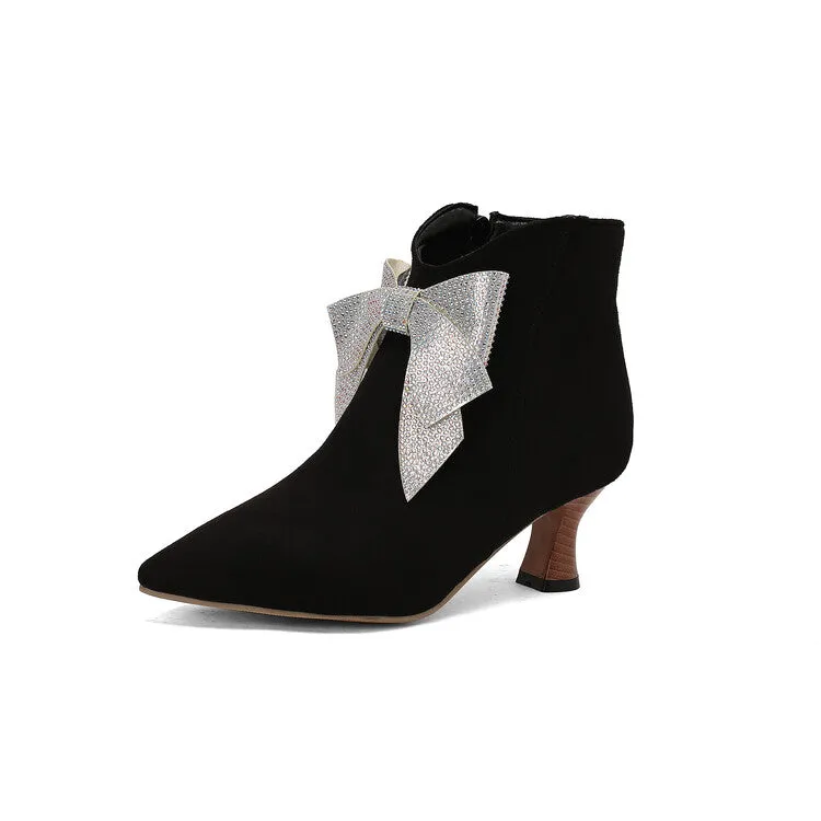 Women's Bowtie Pointed Toe Hoof Heel Ankle Boots