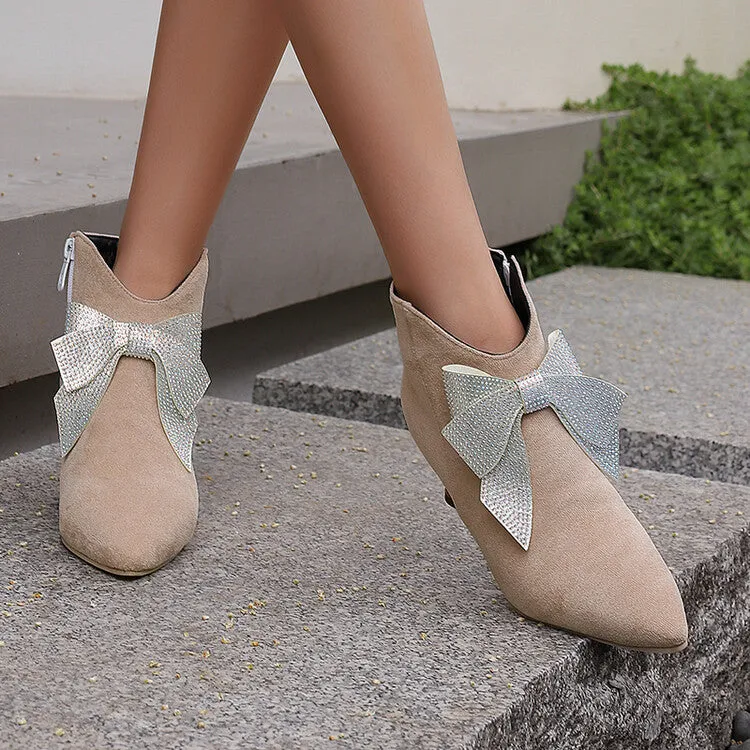 Women's Bowtie Pointed Toe Hoof Heel Ankle Boots