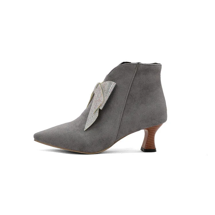 Women's Bowtie Pointed Toe Hoof Heel Ankle Boots
