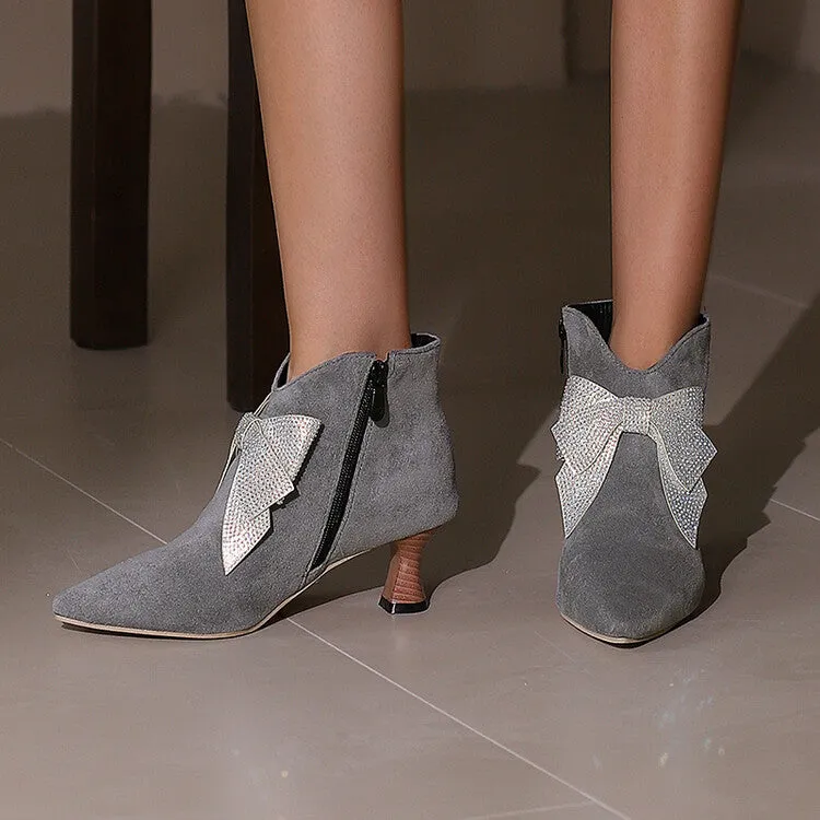 Women's Bowtie Pointed Toe Hoof Heel Ankle Boots