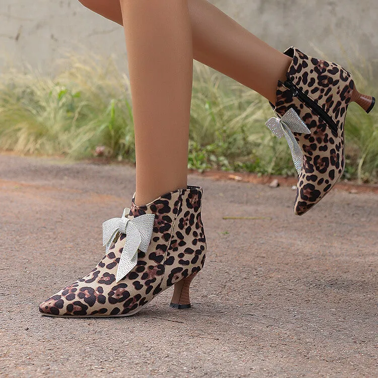 Women's Bowtie Pointed Toe Hoof Heel Ankle Boots