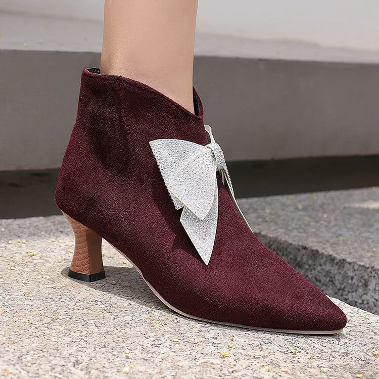 Women's Bowtie Pointed Toe Hoof Heel Ankle Boots