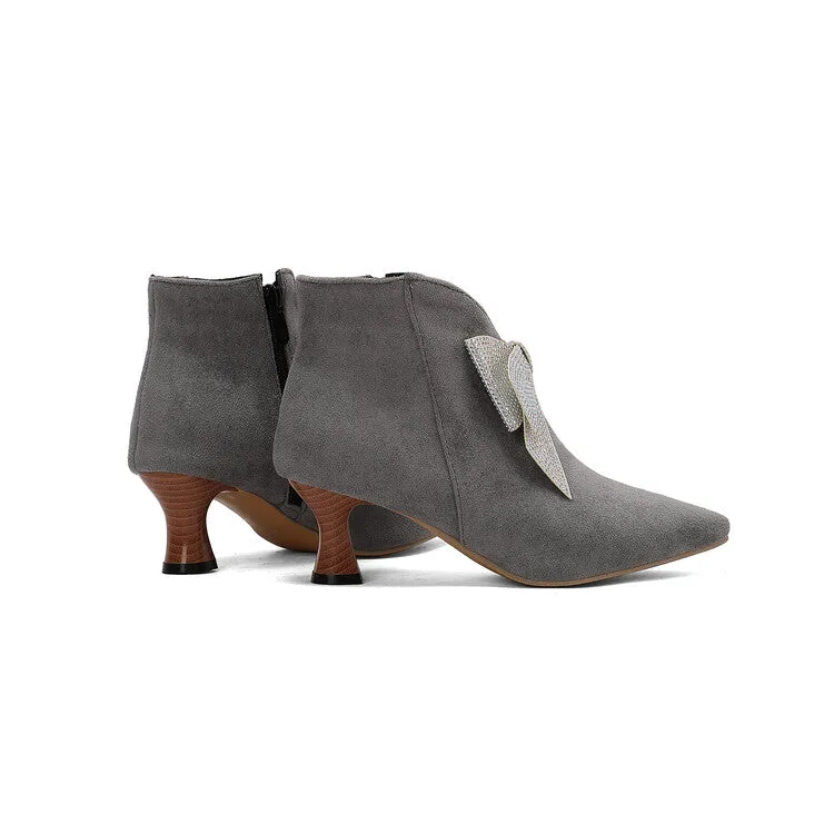 Women's Bowtie Pointed Toe Hoof Heel Ankle Boots