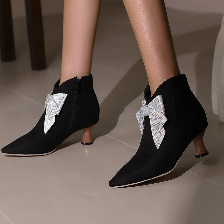 Women's Bowtie Pointed Toe Hoof Heel Ankle Boots