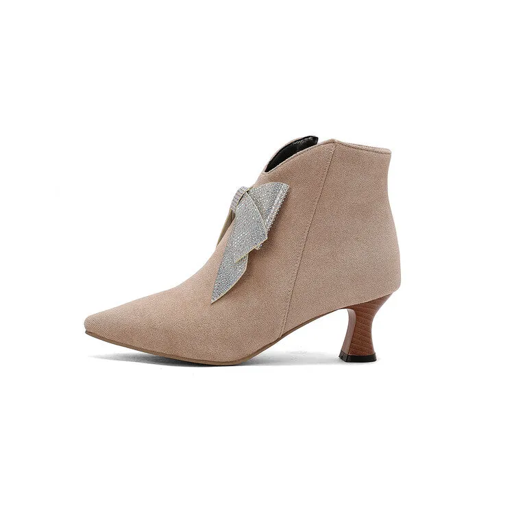 Women's Bowtie Pointed Toe Hoof Heel Ankle Boots