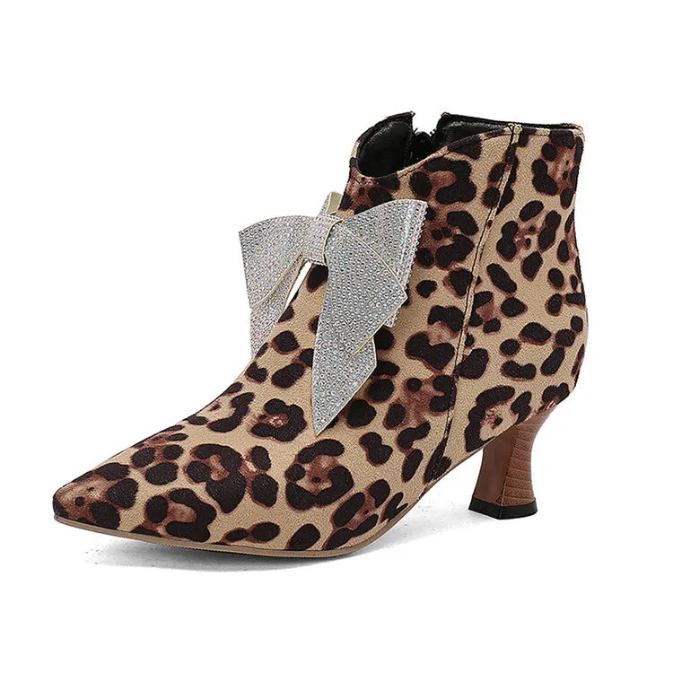 Women's Bowtie Pointed Toe Hoof Heel Ankle Boots