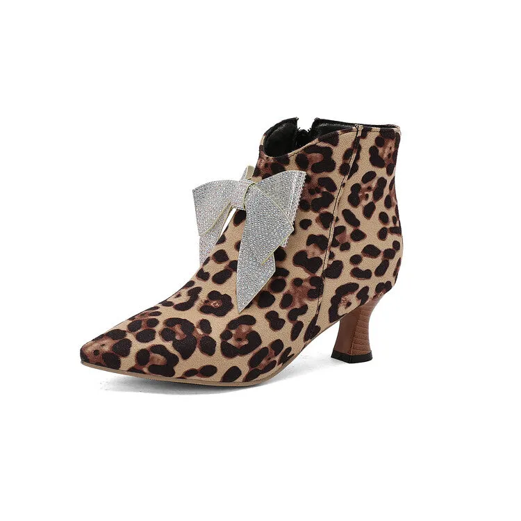 Women's Bowtie Pointed Toe Hoof Heel Ankle Boots
