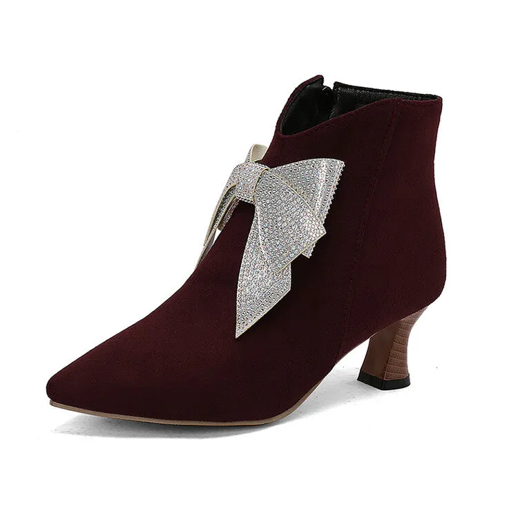Women's Bowtie Pointed Toe Hoof Heel Ankle Boots